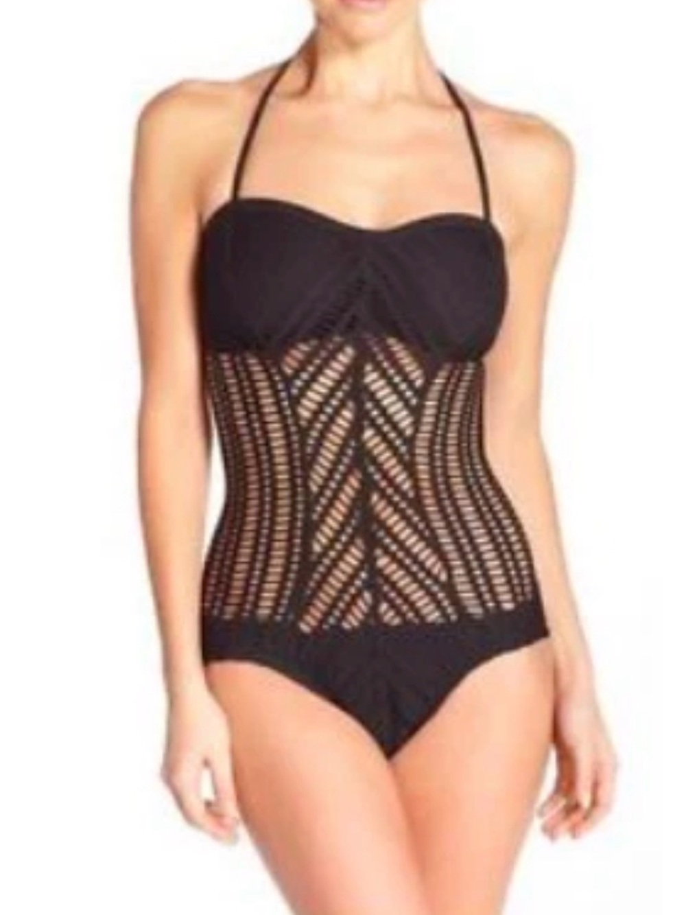 Robin Piccone One-Piece Swimsuit Women's Black Crochet Overlay Size 6